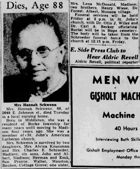 Johanna Schwenn Obit 1947